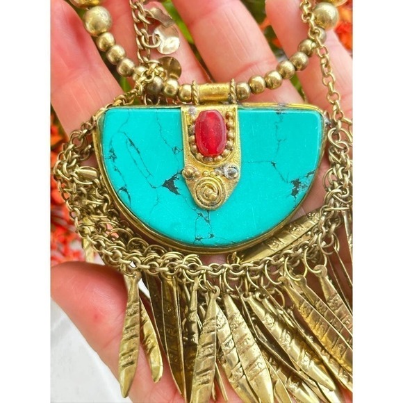 VTG NWT Tanjore India Necklace Turquoise Brass Curb Link Chain Egyptian look - Picture 5 of 11